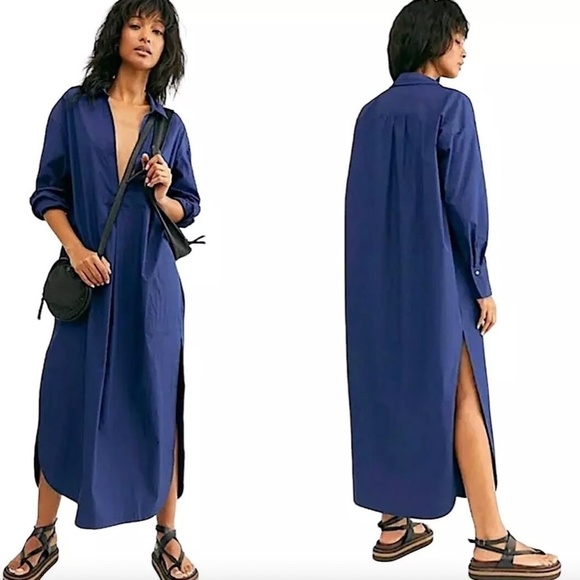 FREE PEOPLE Eva Maxi Shirtdress Relaxed Fit Popover Long Sleeve Light Blue - Picture 1 of 13